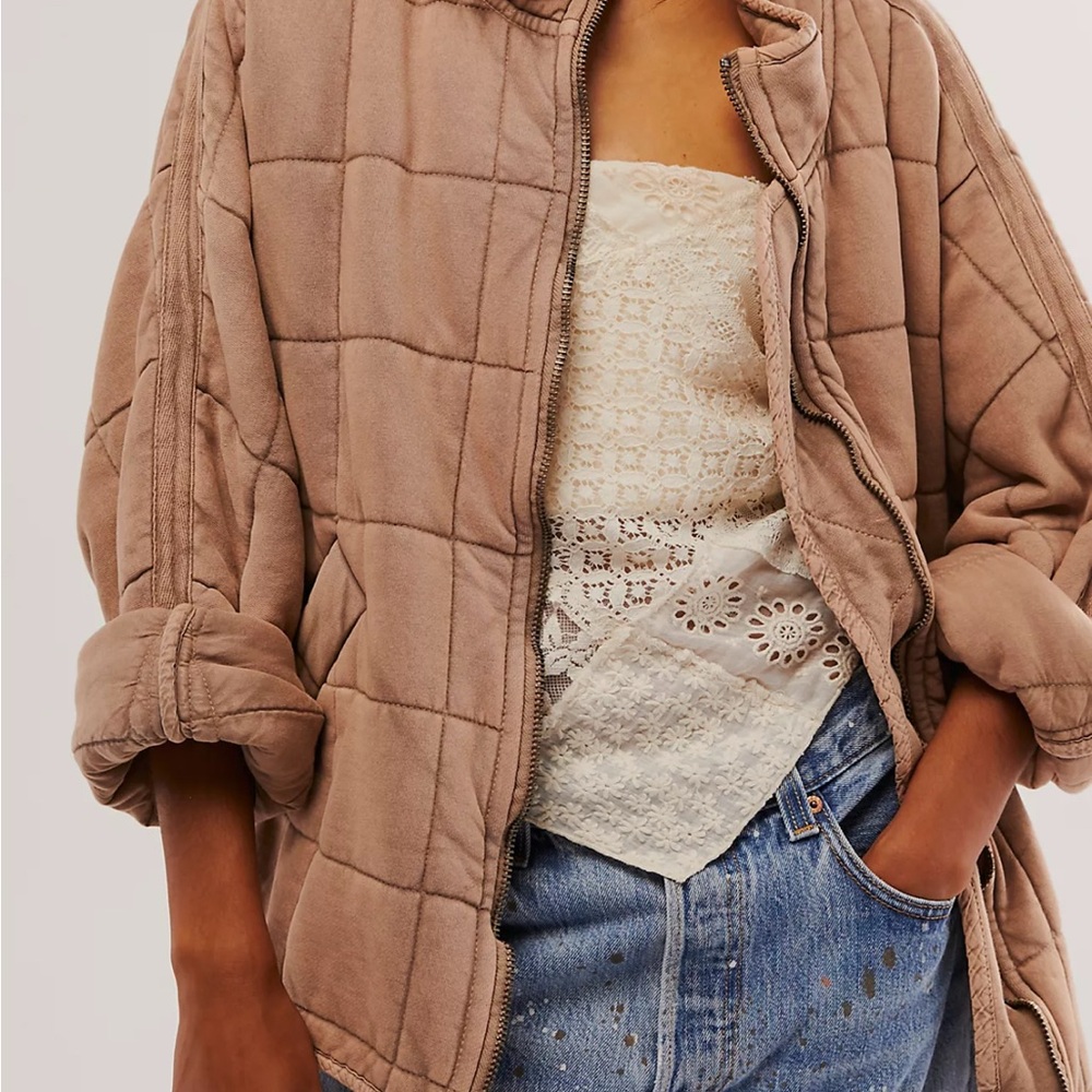 Free People Tan Quilted Puffer Jacket with Stand-Up Collar
